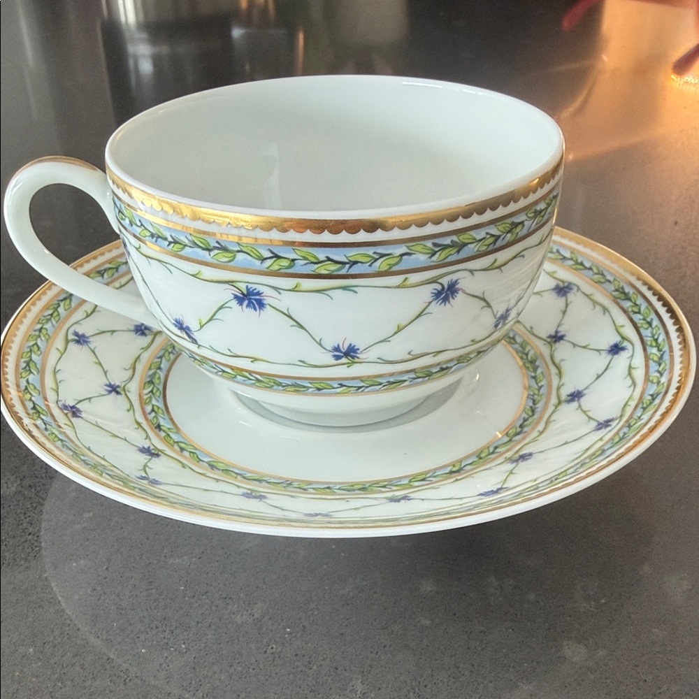 Raynaud Gold and Green Patterned Teacup and Saucer